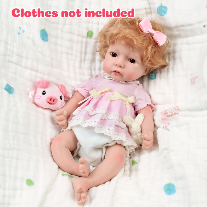 Babeside 12" Full Silicone Reborn Baby Doll Blonde Hair Girl Pink Lyla Brown Eye Flower