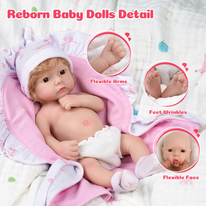 Babeside 12" Full Silicone Reborn Baby Doll Blonde Hair Girl Pink Lyla Brown Eye Flower
