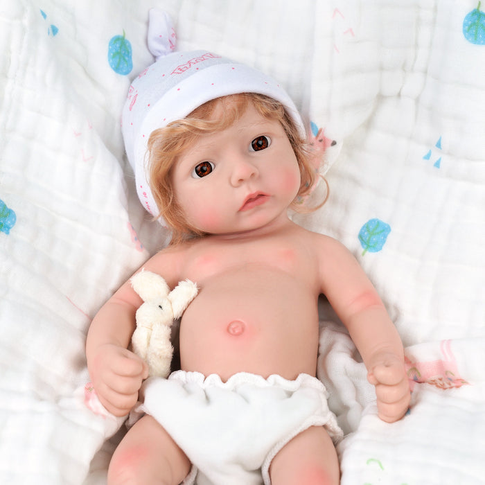 Babeside 12" Full Silicone Reborn Baby Doll Blonde Hair Girl Pink Lyla Brown Eye Flower