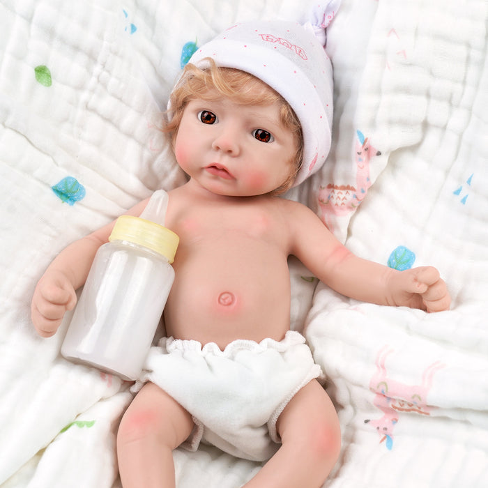 Babeside 12" Full Silicone Reborn Baby Doll Blonde Hair Girl Pink Lyla Brown Eye Flower