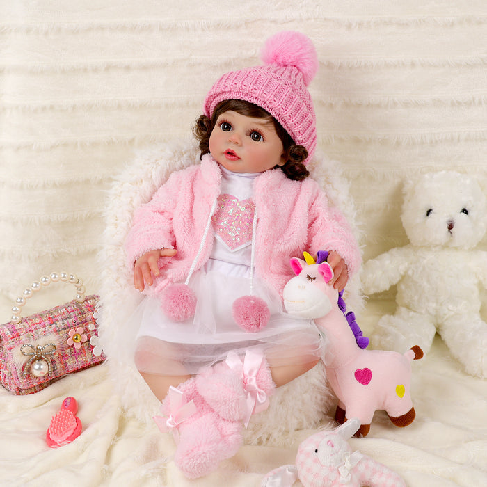 Babeside 20'' Adorable Reborn Baby Doll Dark Brown Eyes Charming Winter Girl Lara Pink Hat