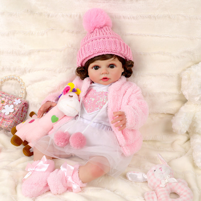 Babeside 20'' Adorable Reborn Baby Doll Dark Brown Eyes Charming Winter Girl Lara Pink Hat