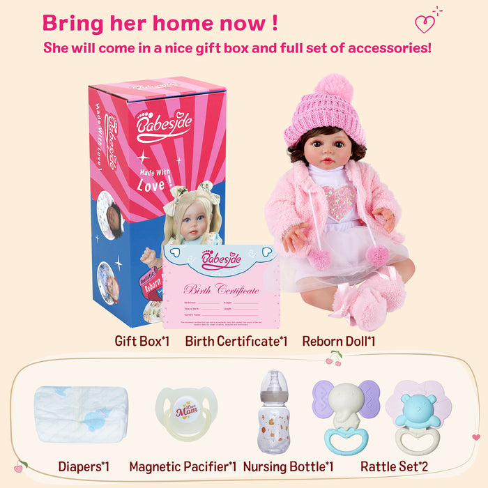 Babeside 20'' Adorable Reborn Baby Doll Dark Brown Eyes Charming Winter Girl Lara Pink Hat