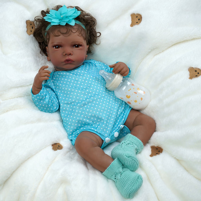 Babeside 20" Reborn Baby Doll African American Infant Girl Royns - Blue Suit & Brown Eyes