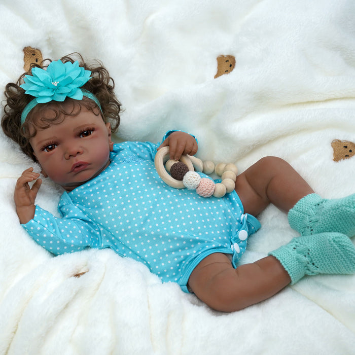 Babeside 20" Reborn Baby Doll African American Infant Girl Royns - Blue Suit & Brown Eyes