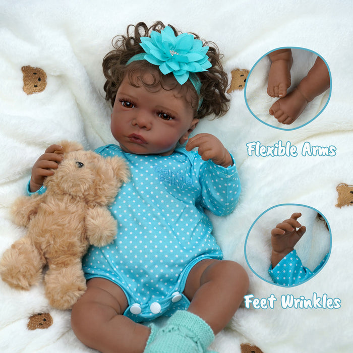 Babeside 20" Reborn Baby Doll African American Infant Girl Royns - Blue Suit & Brown Eyes