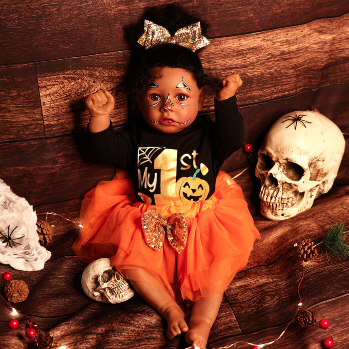 Babeside 20" Reborn Baby Halloween Doll African American Girl Saria with Black Gauze Dress