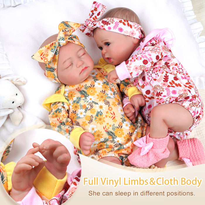 Babeside Connie & Bailyn 20'' Realistic Reborn Baby Doll Girl Awake ＆ Asleep Twins Pink ＆ Yellow Floral