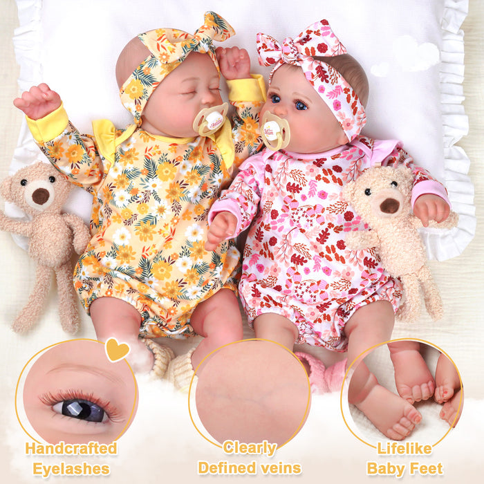 Babeside Connie & Bailyn 20'' Realistic Reborn Baby Doll Girl Awake ＆ Asleep Twins Pink ＆ Yellow Floral