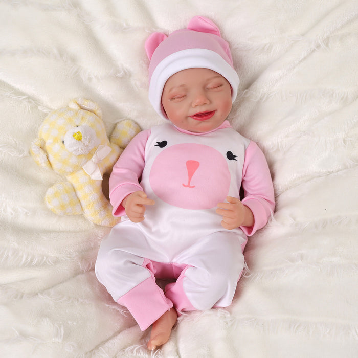 Babeside Olivia 15'' Realistic Reborn Baby Doll Sleeping Smiling Girl Pink Bear