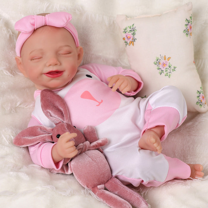 Babeside Olivia 15'' Realistic Reborn Baby Doll Sleeping Smiling Girl Pink Bear