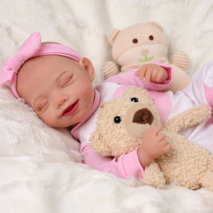 Babeside Olivia 15'' Realistic Reborn Baby Doll Sleeping Smiling Girl Pink Bear