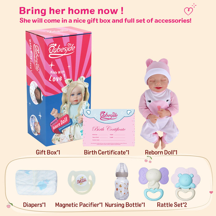 Babeside Olivia 15'' Realistic Reborn Baby Doll Sleeping Smiling Girl Pink Bear