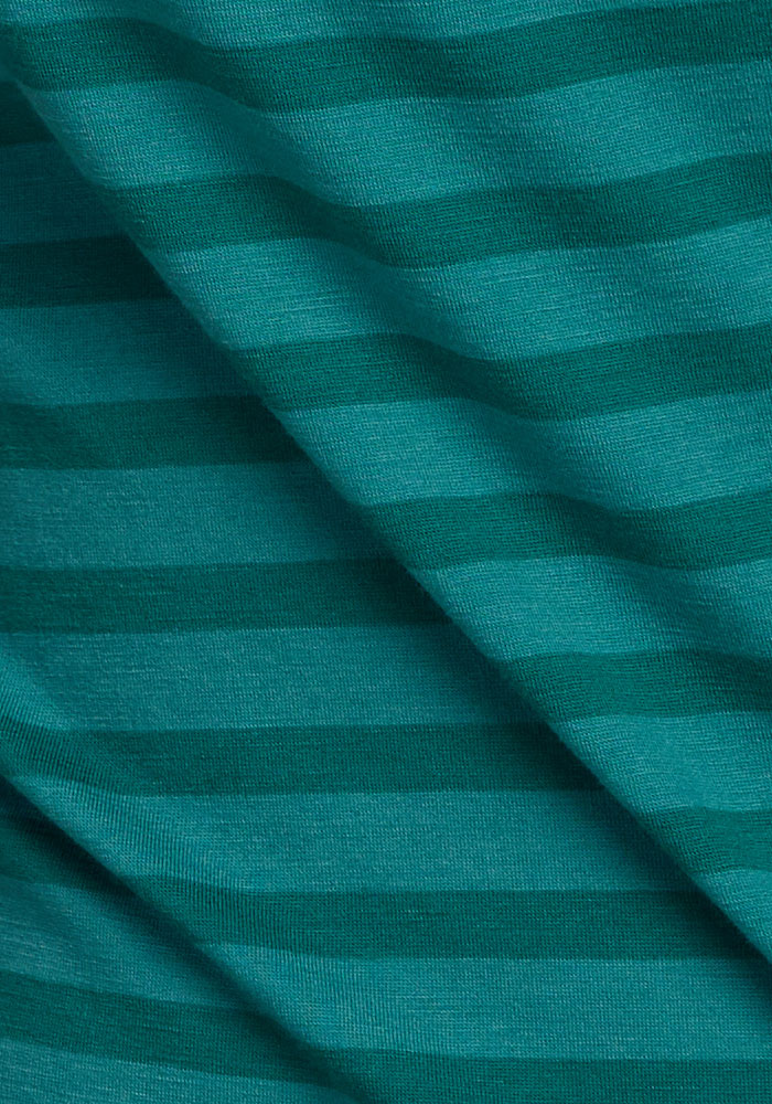 Close-up of Woolx Elena 3/4 Sleeve V Neck - Woodland Stripe with horizontal dark green stripes and soft folds.