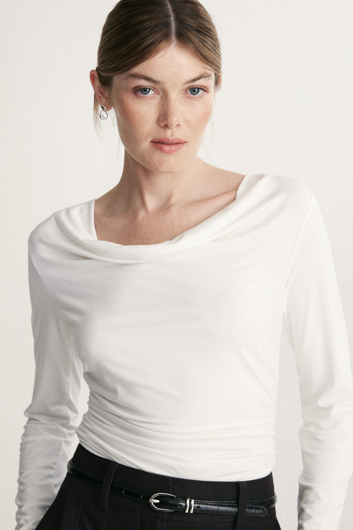 Fitted mock neck jersey top with shirring