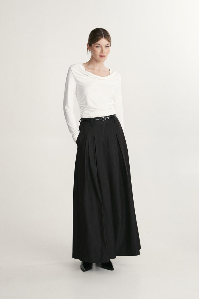 Fitted mock neck jersey top with shirring