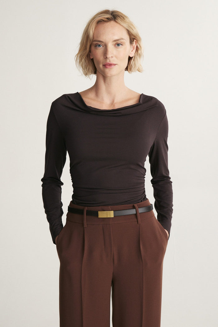 Fitted mock neck jersey top with shirring