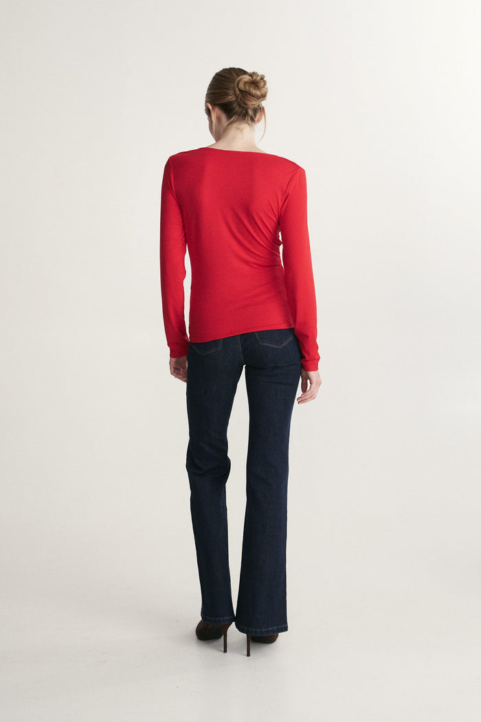 Fitted mock neck jersey top with shirring