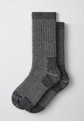 A pair of Woolx Mens Extreme Crew Socks in Charcoal Heather laid flat on a white surface.
