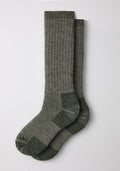 Woolx Mens Extreme Over The Calf Socks in Forest Dark Moss, with dark heels/toes, laid flat on white background.