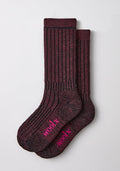 Two warm violet mid-calf Woolx socks with “woolx” in pink, made from moisture-wicking Merino wool.