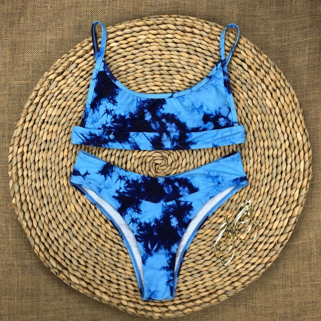 Sexy Tie Dye Mid-Waist Bandeau Bikini Set 2020 Swimsuit Women Swimwear Beach Wear Swim Bathing Suit
